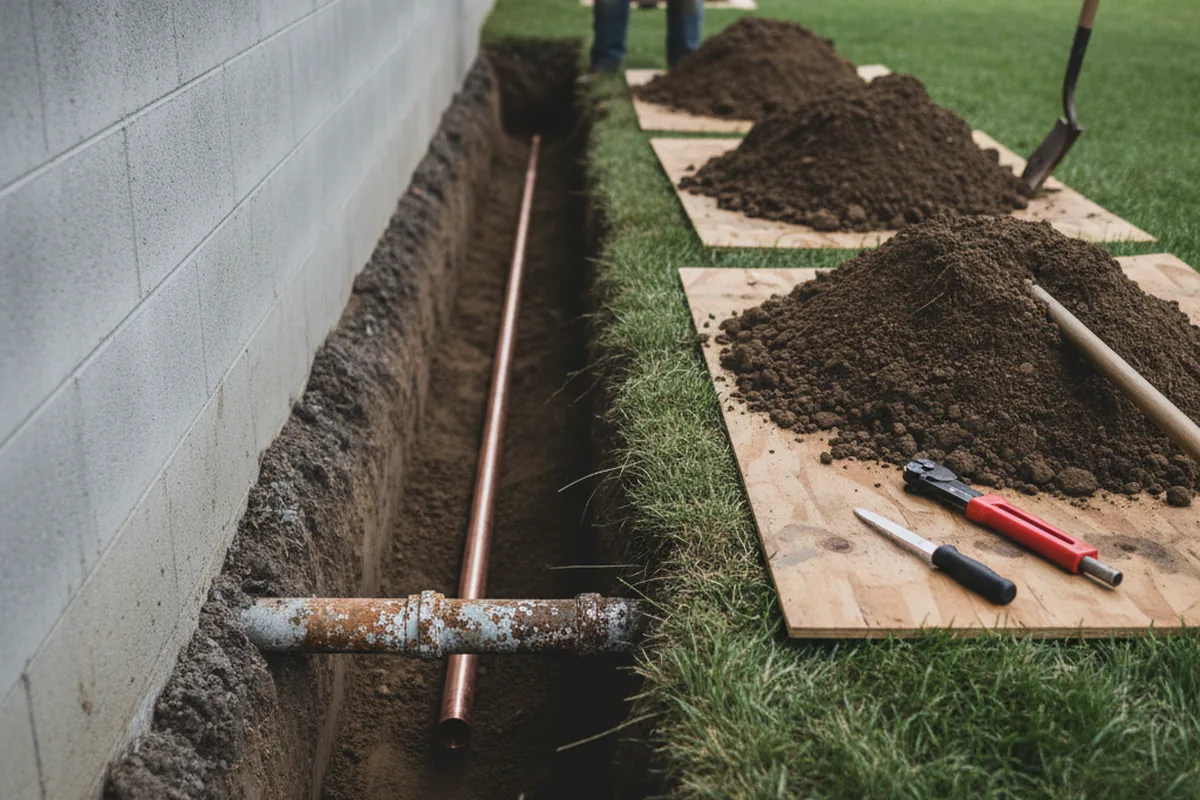 Excavated water line trench during Sewer Line Repair in Barnhart